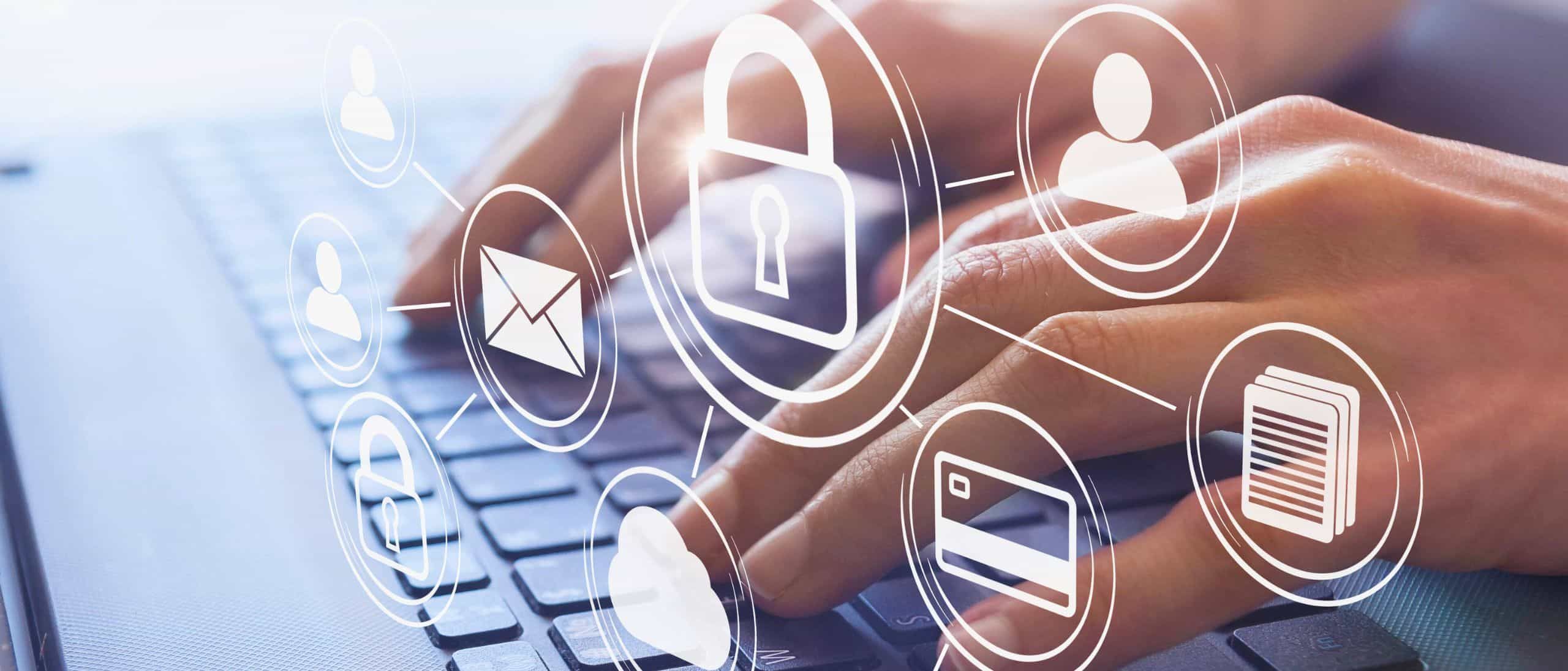 Sicherheitssoftware und Cybersecurity-Schutz auf Laptop, digitale Daten, E-Mail- und Cloud-Sicherheit, Zugriffsmanagement, Verschlüsselung und Datenschutz.