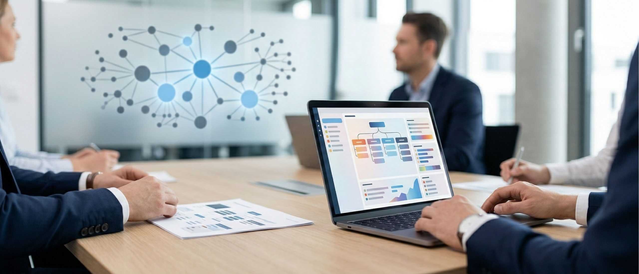 Modernes Business-Meeting mit Fokus auf Innovationen und Datenanalyse in einem Konferenzraum.