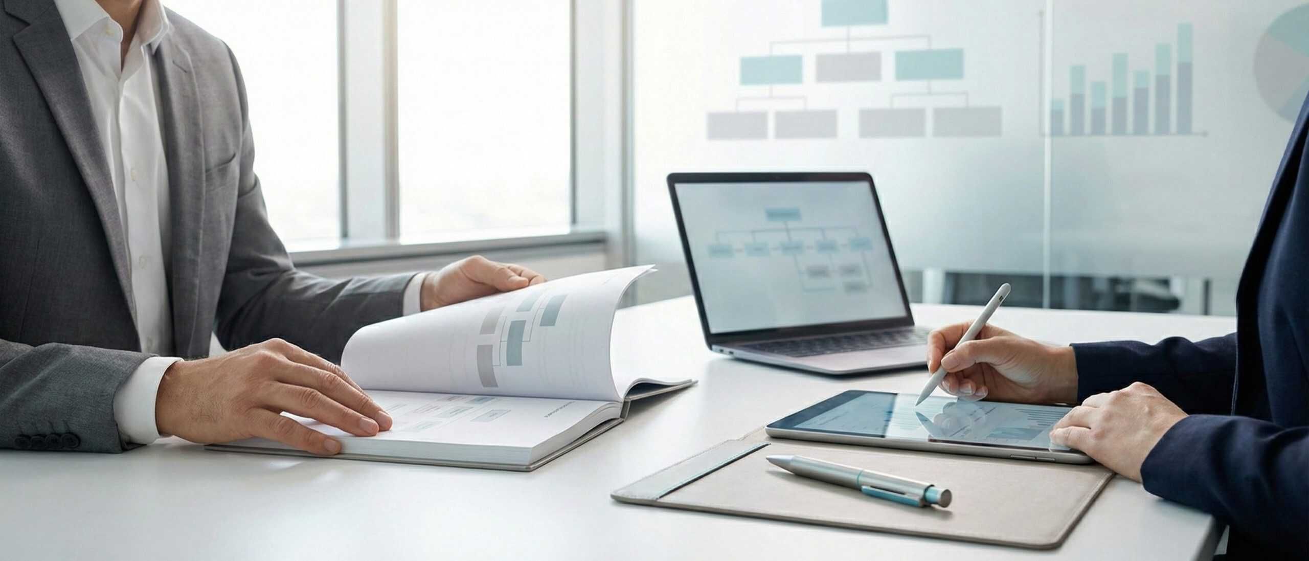 Professionelles Business-Meeting mit Laptop und Dokumenten in moderner Büroumgebung.