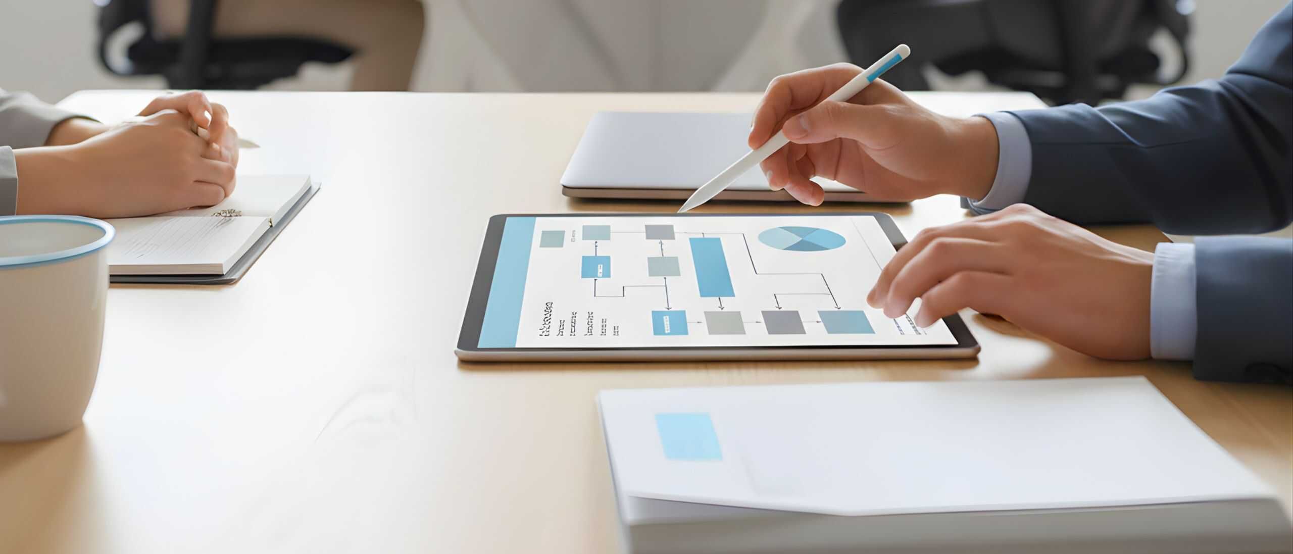 Flowchart Präsentation auf Tablet im Business-Meeting, digitale Arbeitswelt, moderne Bürokommunikation, strategische Planung, technische Datenanalyse, Innovative Arbeitskultur, Unternehmensstrategie, digitale Transformation, professionelle Geschäftskommunikation, Teamarbeit.