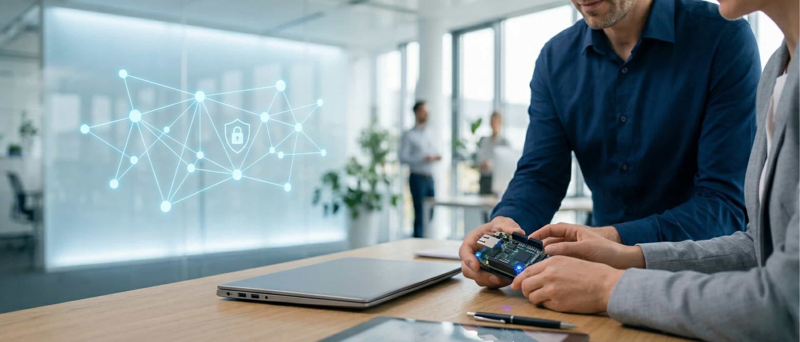 Zwei Fachleute diskutieren in einem modernen Büro über Cybersicherheit und Resilienz, während digitale Sicherheitsnetzwerke im Hintergrund visualisiert werden.