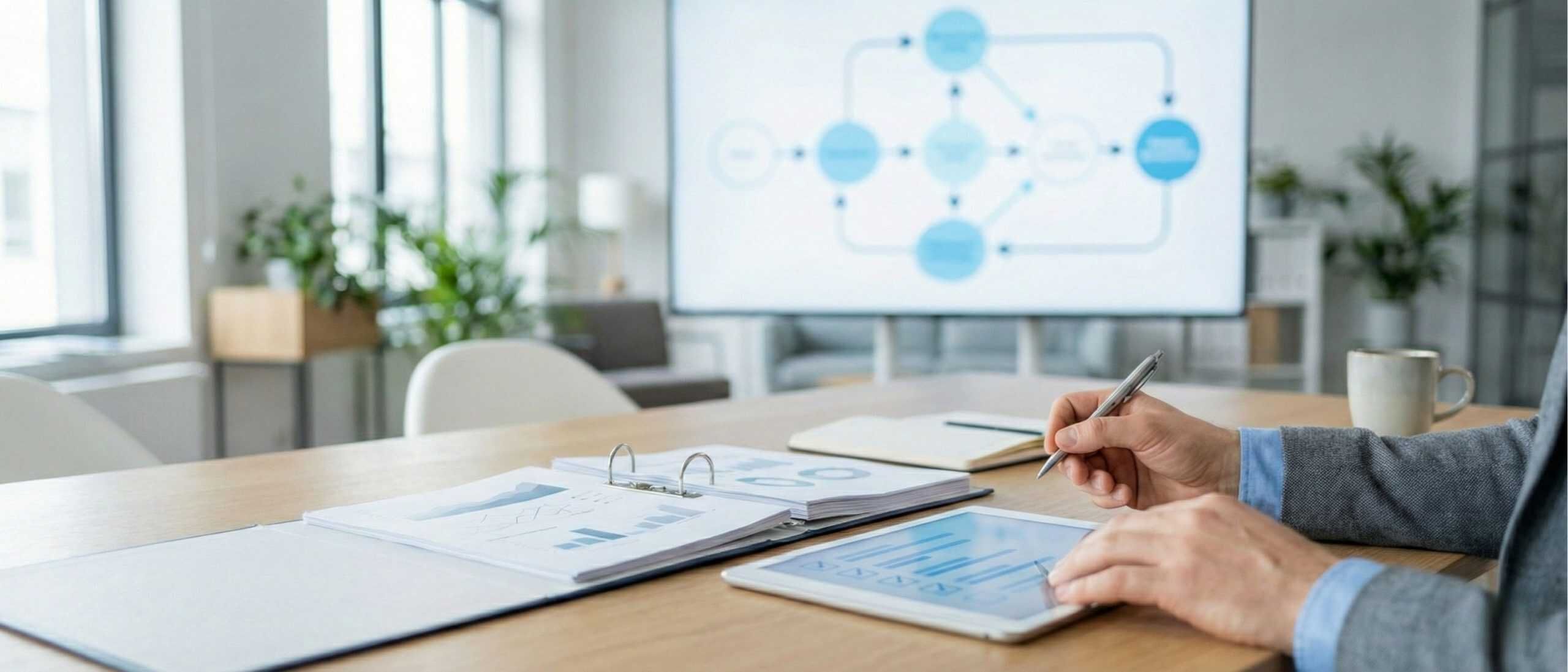 Detailliertes Prozessdiagramm auf einem Tablet, das die Schritte zur Vorbereitung auf die QMB-Prüfung zeigt, ideal für Schulungen und Weiterbildungen.