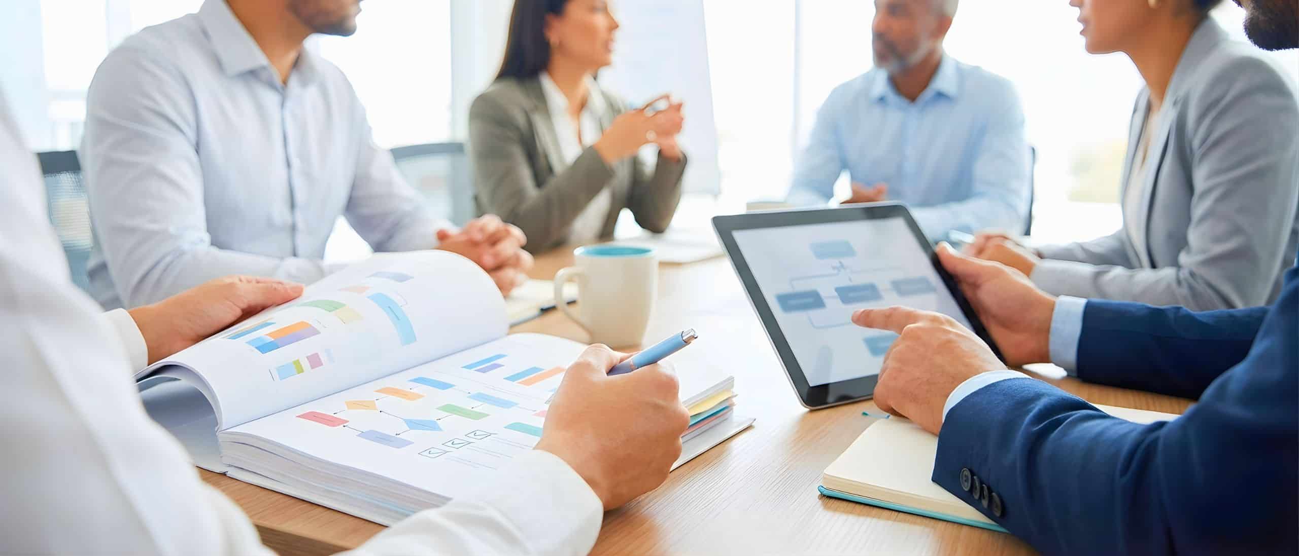 Innovatives Business Meeting mit Fokus auf Digitalisierung und Teamarbeit in moderner Konferenzraumumgebung.